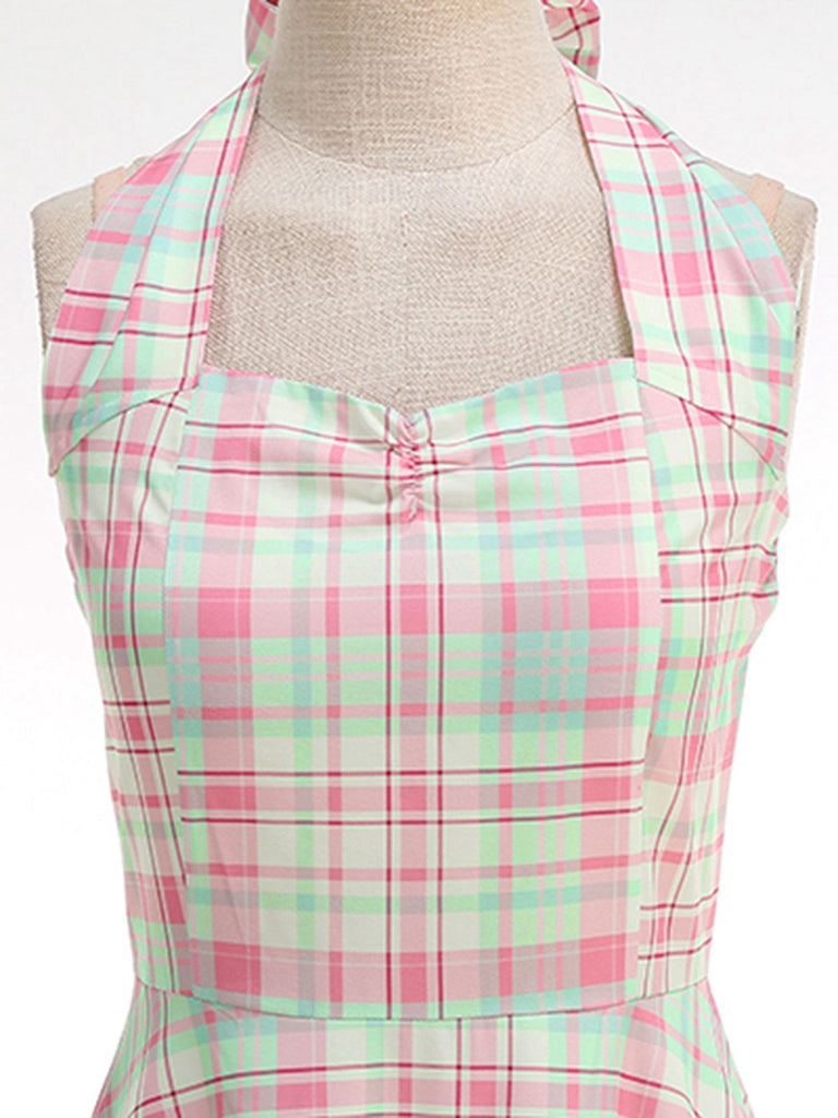 Abito a quadri con scollo all'americana e schiena scoperta rosa anni '50