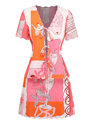 2PCS Top e Gonna Multicolore con Stampa Sirena e Allacciatura Anni '40