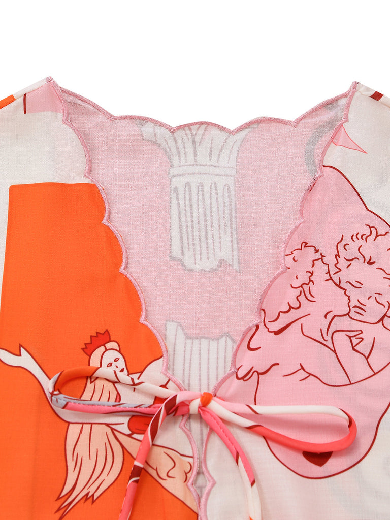 2PCS Top e Gonna Multicolore con Stampa Sirena e Allacciatura Anni '40 6
