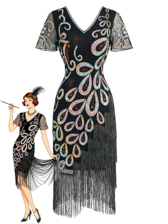 Abito flapper con frange di perline e paillettes a pavone nero anni '20
