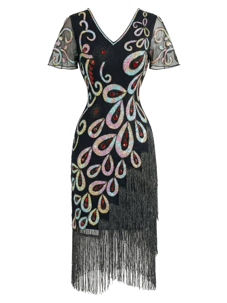 Abito flapper con frange di perline e paillettes a pavone nero anni '20