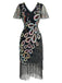 Abito flapper con frange di perline e paillettes a pavone nero anni '20