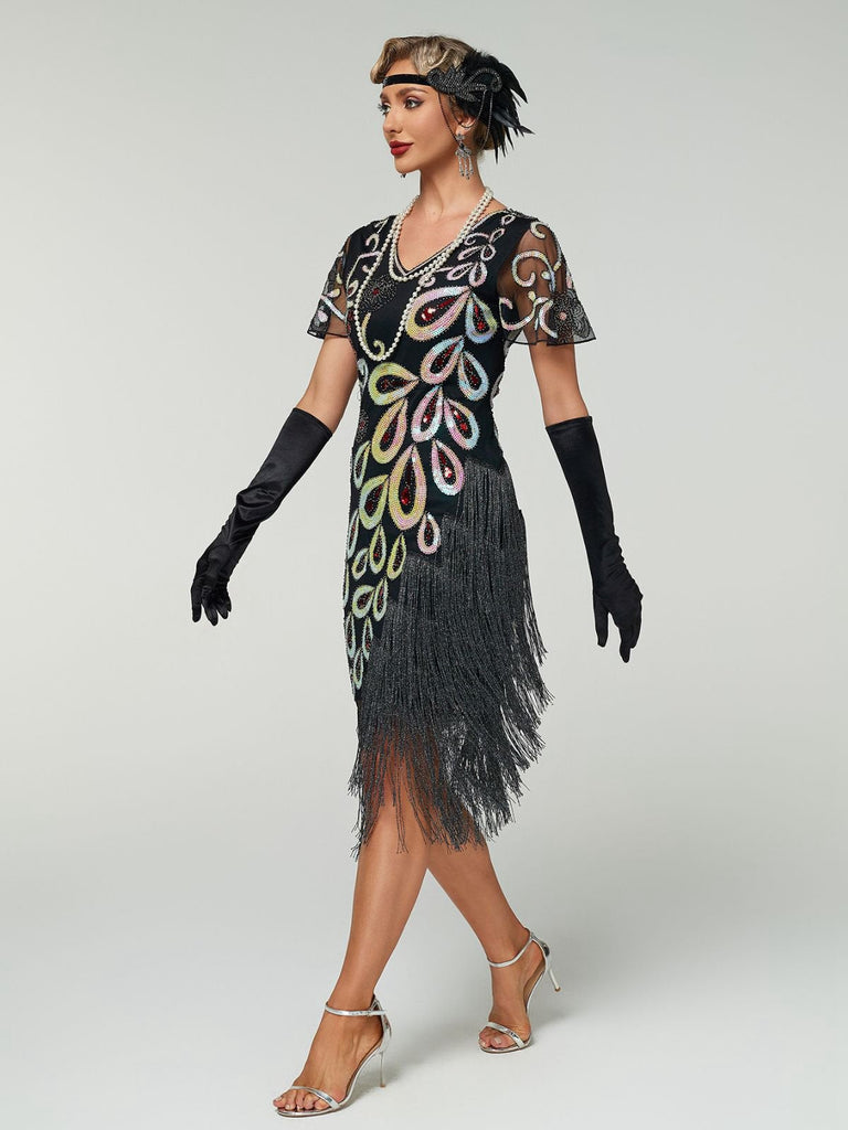 Abito flapper con frange di perline e paillettes a pavone nero anni '20