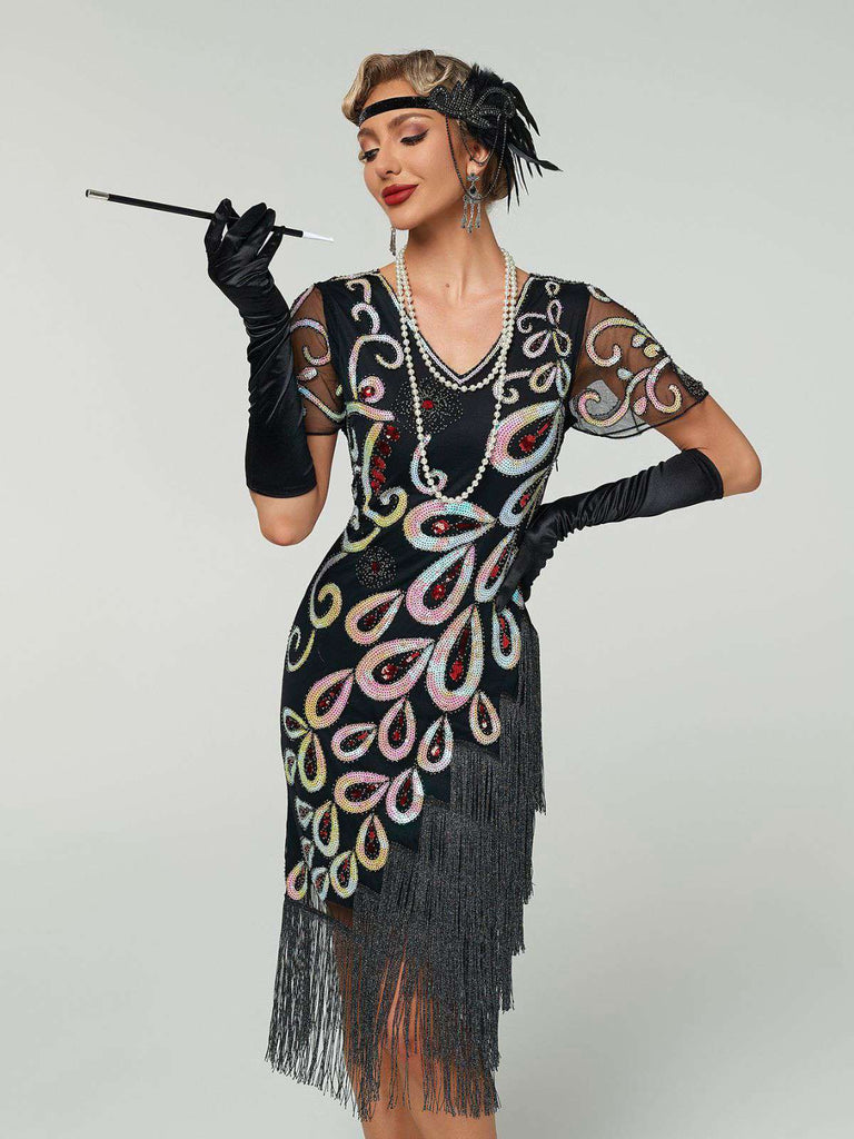 Abito flapper con frange di perline e paillettes a pavone nero anni '20