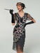 Abito flapper con frange di perline e paillettes a pavone nero anni '20