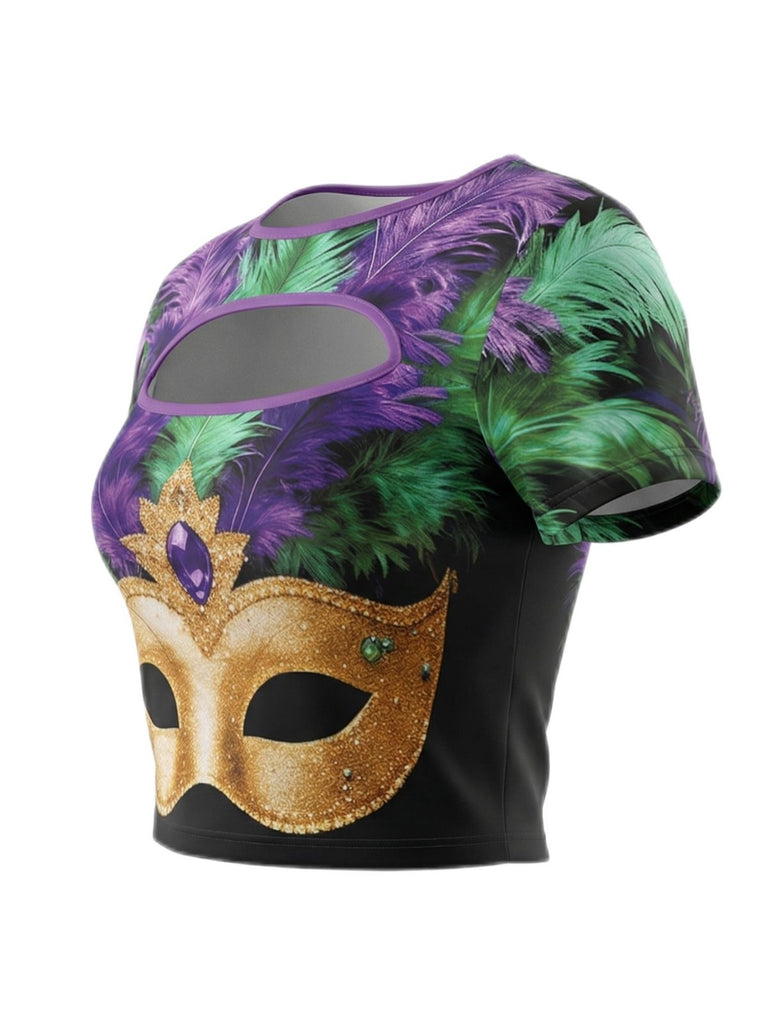 Top con stampa maschera dorata carnevale multicolore anni '70