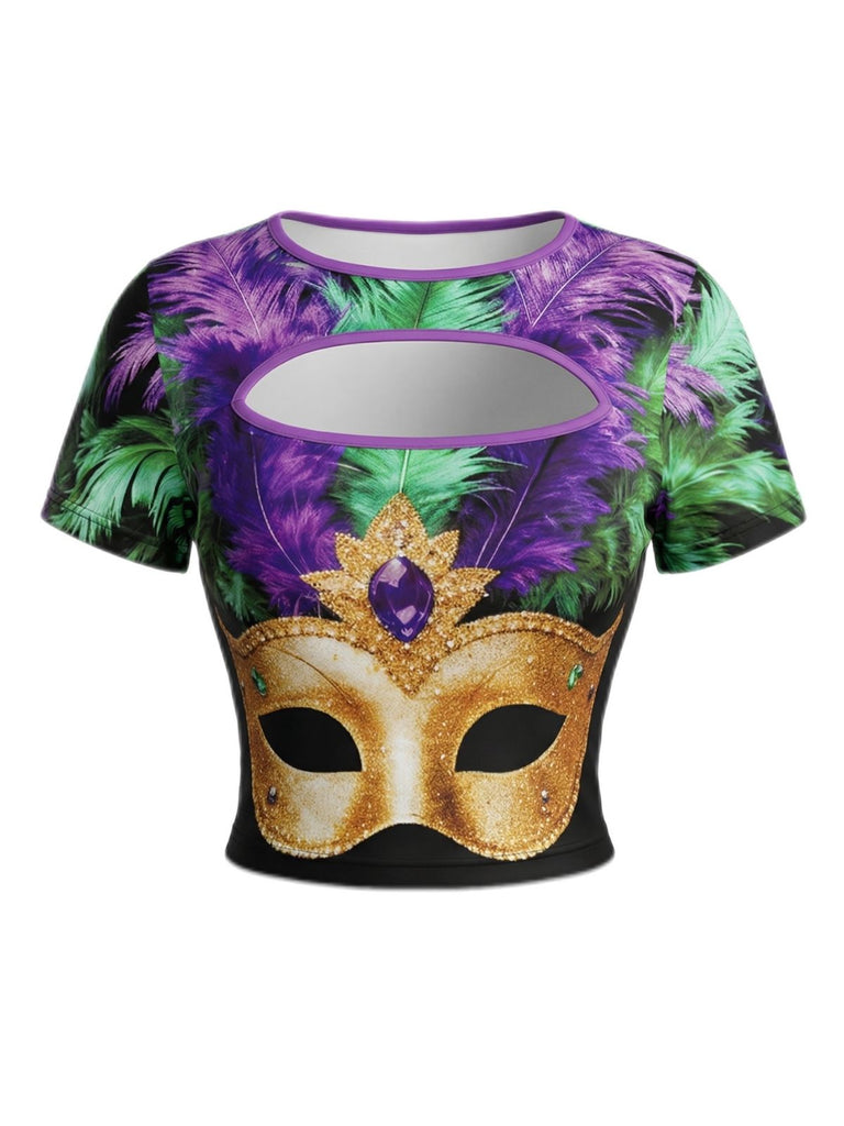 Top con stampa maschera dorata carnevale multicolore anni '70
