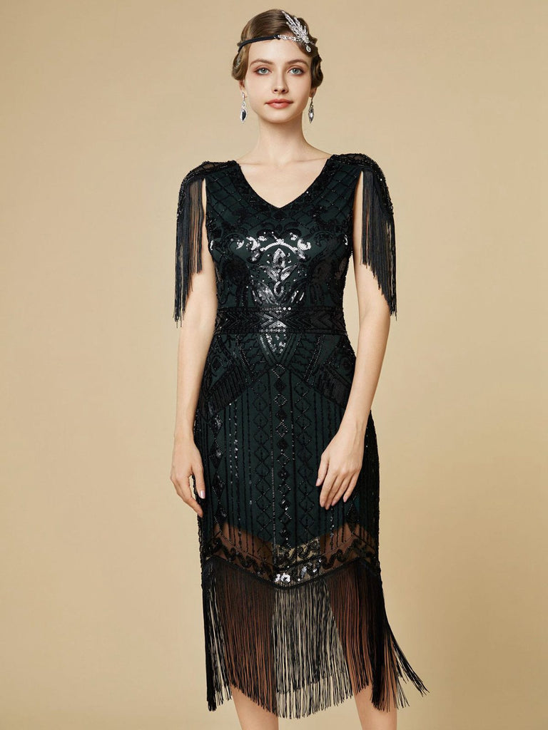 Abito flapper con frange di paillettes e scollo a V anni '20