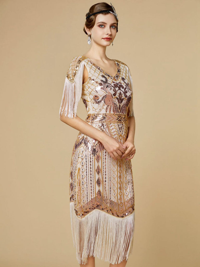 Abito flapper con frange di paillettes e scollo a V anni '20