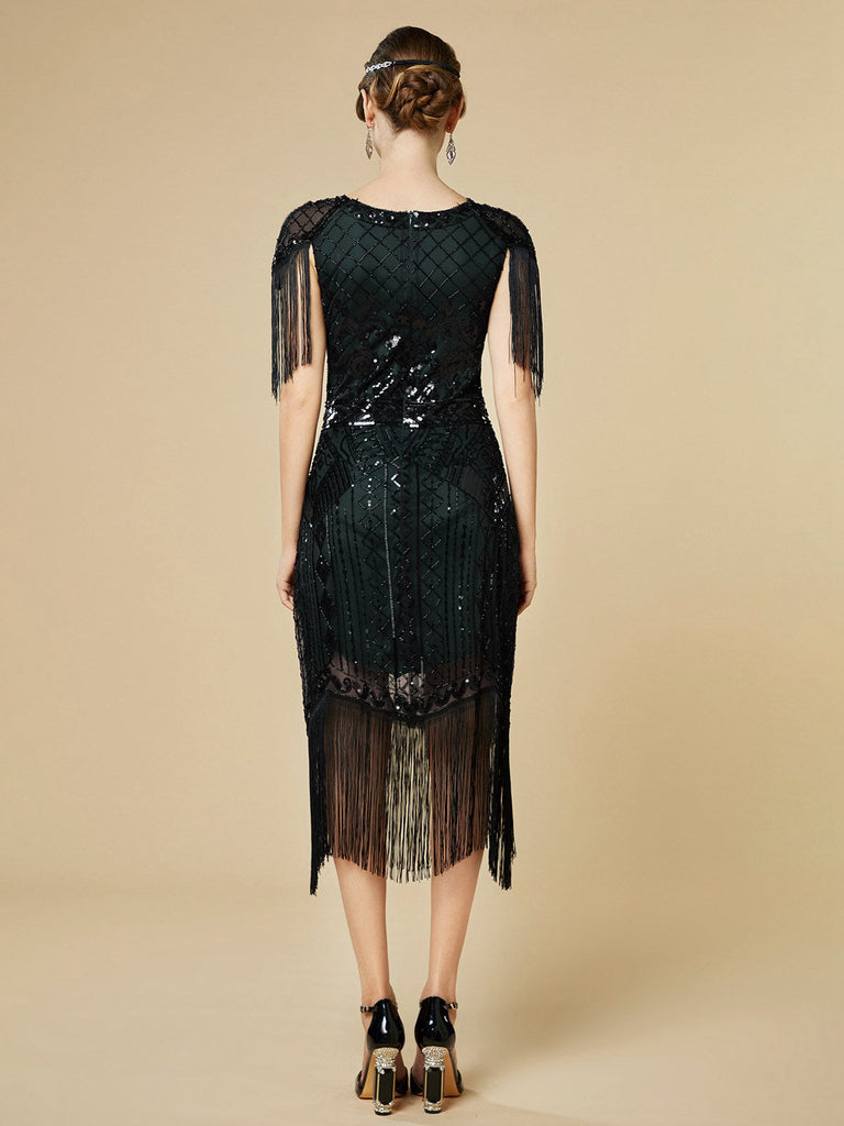 Abito flapper con frange di paillettes e scollo a V anni '20