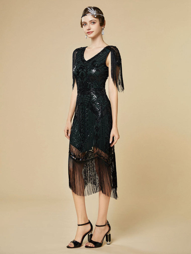 Abito flapper con frange di paillettes e scollo a V anni '20