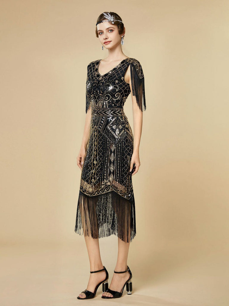 Abito flapper con frange di paillettes e scollo a V anni '20