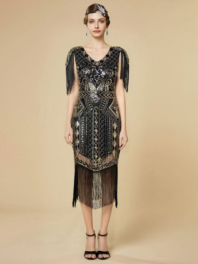 Abito flapper con frange di paillettes e scollo a V anni '20