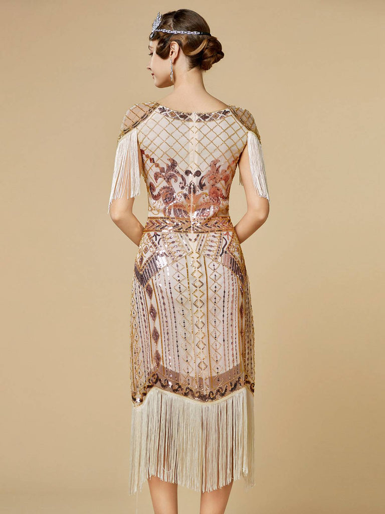 Abito flapper con frange di paillettes e scollo a V anni '20