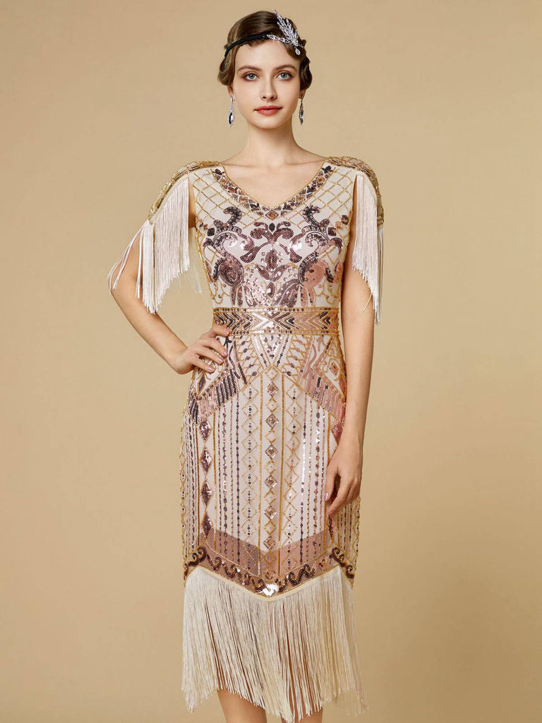 Abito flapper con frange di paillettes e scollo a V anni '20
