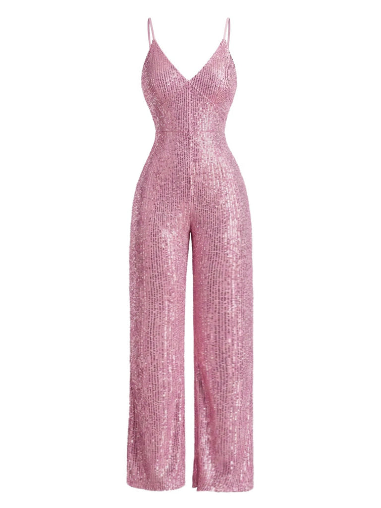 Tuta lunga con paillettes e scollo a V e spalline sottili rosa anni '30