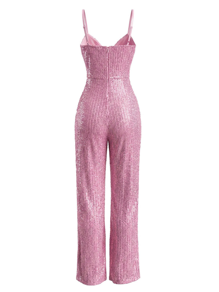 Tuta lunga con paillettes e scollo a V e spalline sottili rosa anni '30