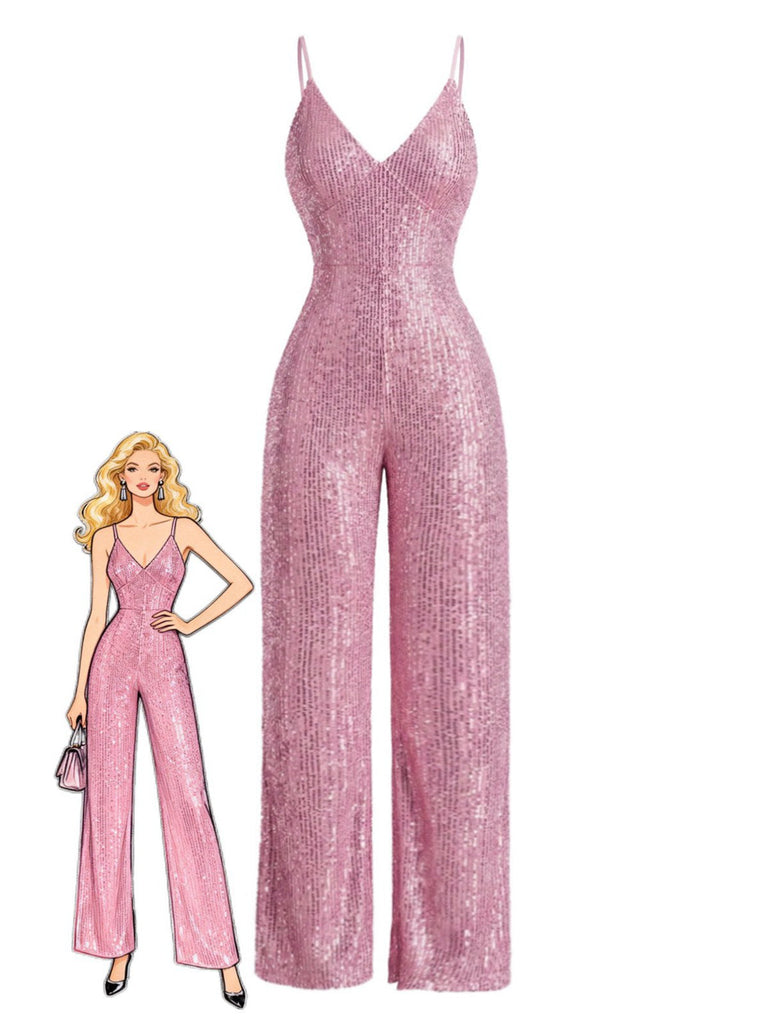 Tuta lunga con paillettes e scollo a V e spalline sottili rosa anni '30