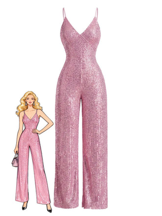 Tuta lunga con paillettes e scollo a V e spalline sottili rosa anni '30