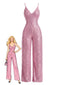 Tuta lunga con paillettes e scollo a V e spalline sottili rosa anni '30