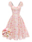 Abito Rosa Anni '50 Floreale con Scollo a Cuore e Fiocco
