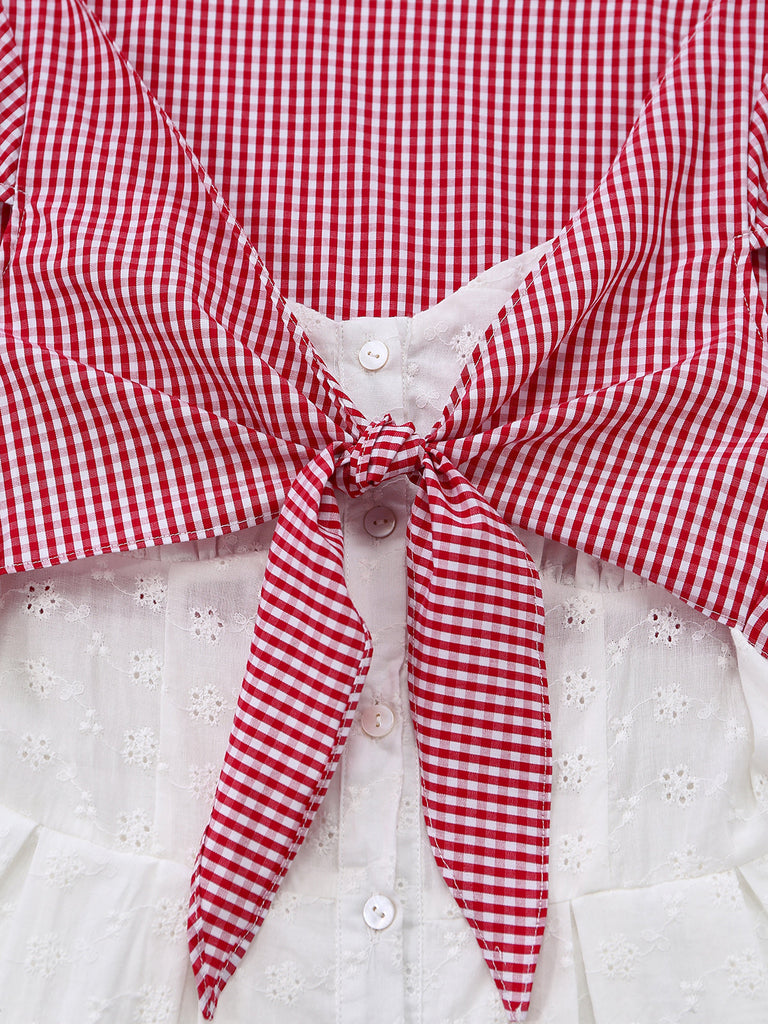 [Pre-Vendita] Abito Bianco in Cotone Effetto Due Pezzi a Quadri con Maniche a Sbuffo Anni '60 8