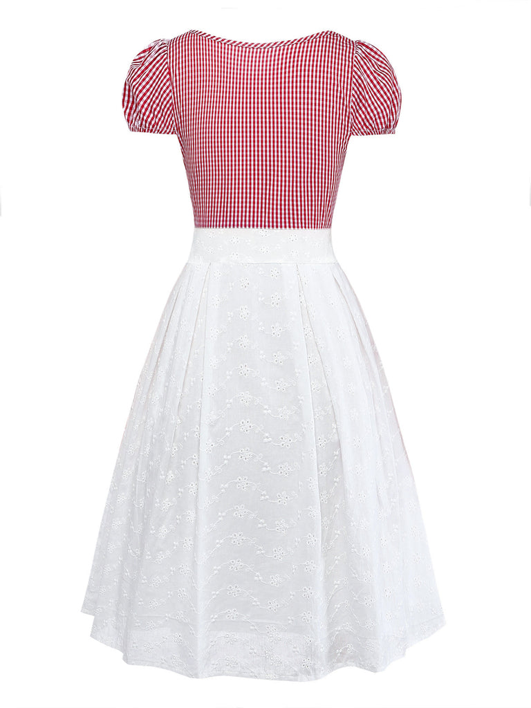 [Pre-Vendita] Abito Bianco in Cotone Effetto Due Pezzi a Quadri con Maniche a Sbuffo Anni '60 4