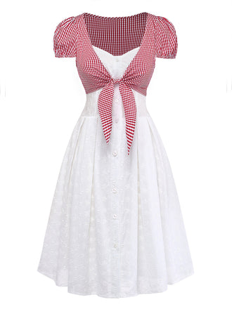 [Pre-Vendita] Abito Bianco in Cotone Effetto Due Pezzi a Quadri con Maniche a Sbuffo Anni '60 2