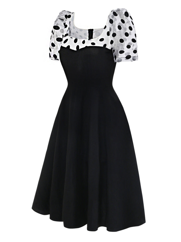 [Pre-Vendita] Abito Nero a Pois con Maniche a Sbuffo e Patchwork Anni '40 3