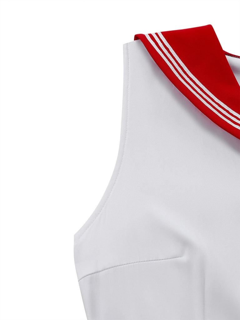 [Pre-Vendita] Abito a Linea A Rosso Senza Maniche con Colletto alla Marinara e Cintura Anni '50 6