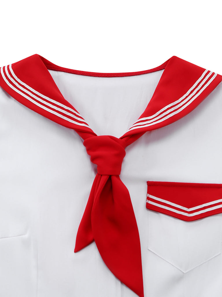 [Pre-Vendita] Abito a Linea A Rosso Senza Maniche con Colletto alla Marinara e Cintura Anni '50 5