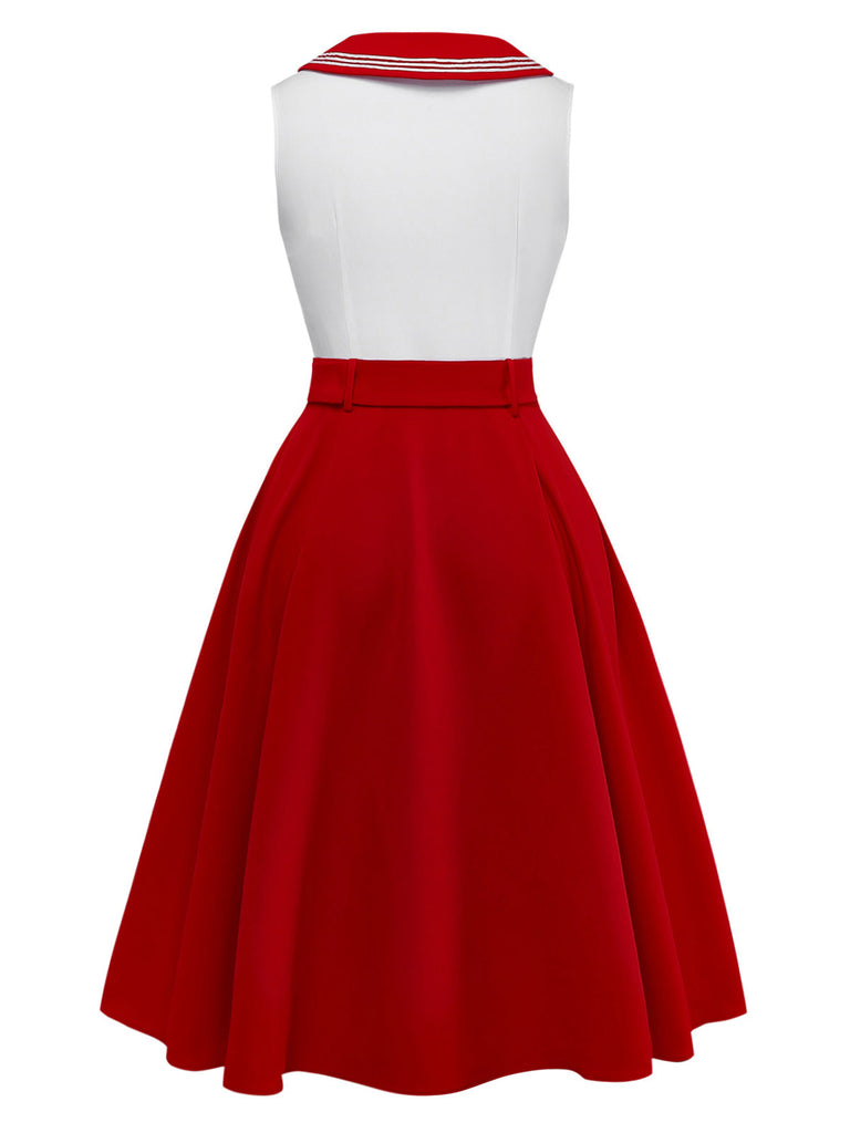 [Pre-Vendita] Abito a Linea A Rosso Senza Maniche con Colletto alla Marinara e Cintura Anni '50 4