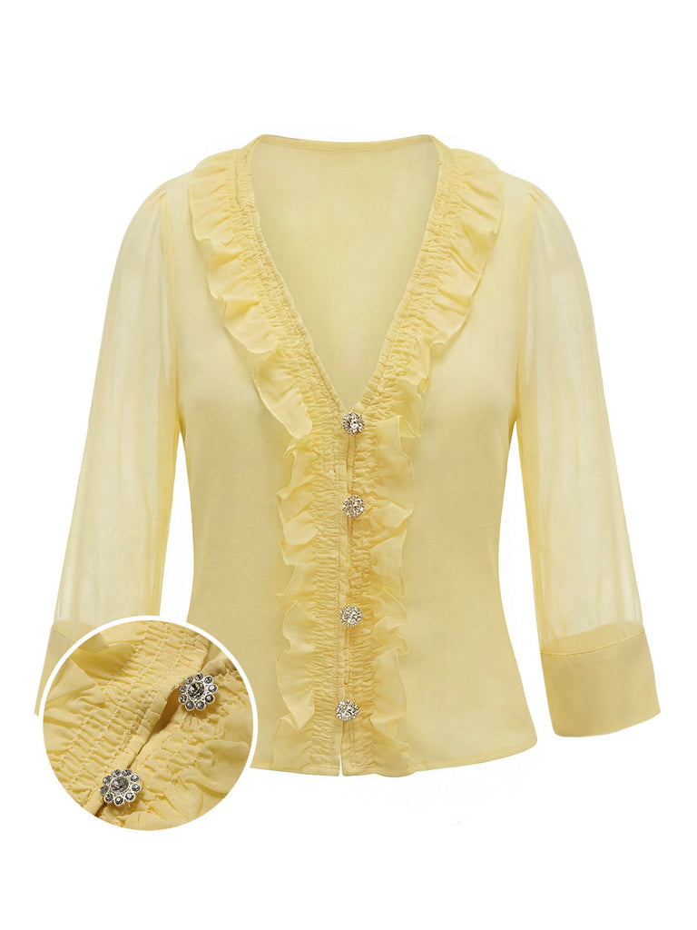 [Pre-Vendita] Camicetta Giallo Chiaro Scollo a V con Volant Anni '40