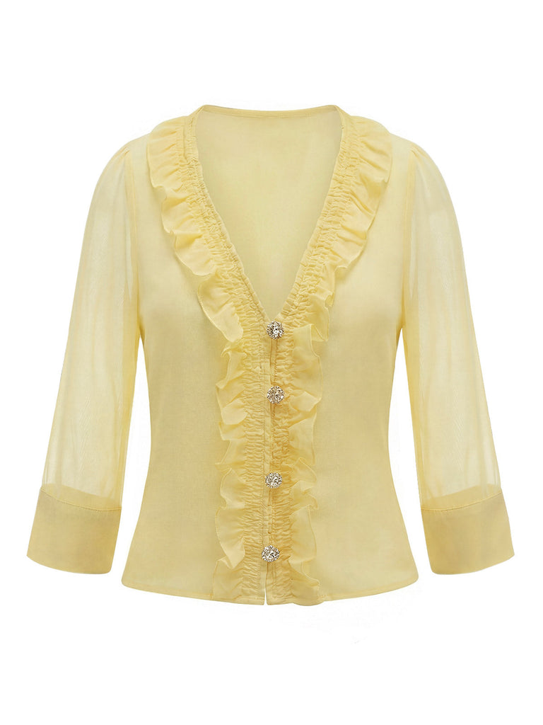 [Pre-Vendita] Camicetta Giallo Chiaro Scollo a V con Volant Anni '40 2