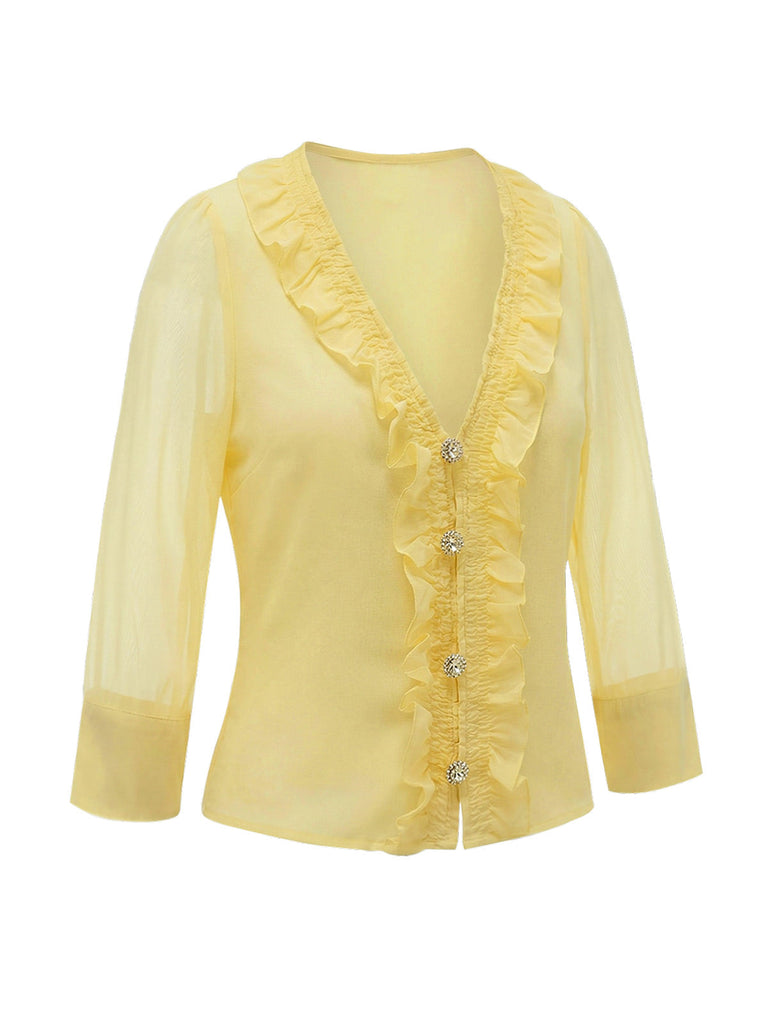 [Pre-Vendita] Camicetta Giallo Chiaro Scollo a V con Volant Anni '40 3