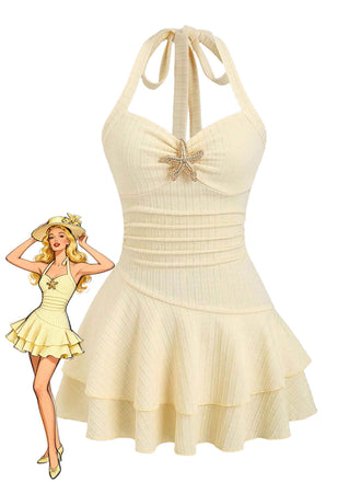 Miniabito Giallo Halter a Strati con Stella Marina in Metallo Anni '60