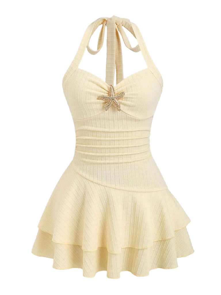 Miniabito Giallo Halter a Strati con Stella Marina in Metallo Anni '60 2