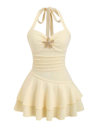 Miniabito Giallo Halter a Strati con Stella Marina in Metallo Anni '60 2