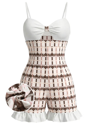 [Pre-Vendita] Tuta Corta Marrone Chiaro a Quadri con Volant e Cut-Out Anni '50