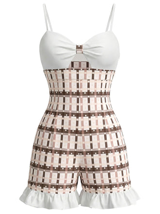 [Pre-Vendita] Tuta Corta Marrone Chiaro a Quadri con Volant e Cut-Out Anni '50 2