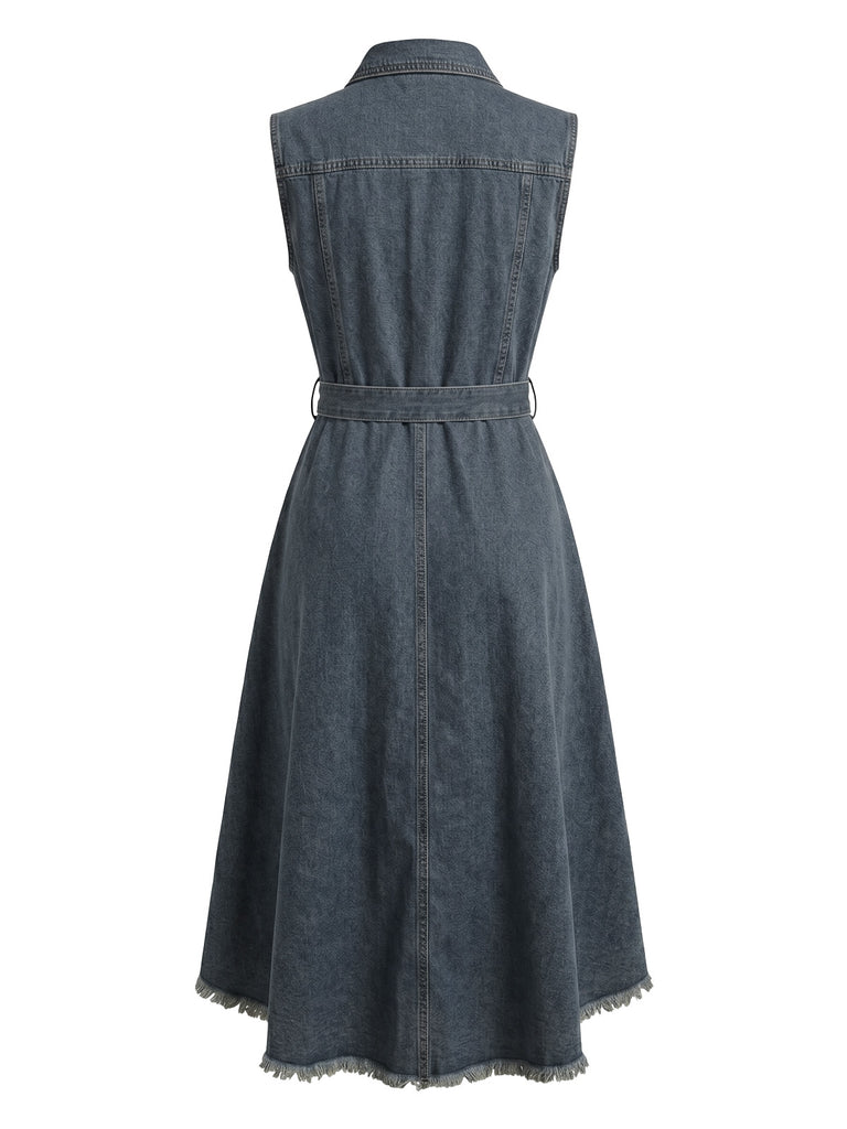 Abito Anni '50 Azzurro in Denim Senza Maniche Alto-Basso Orlo