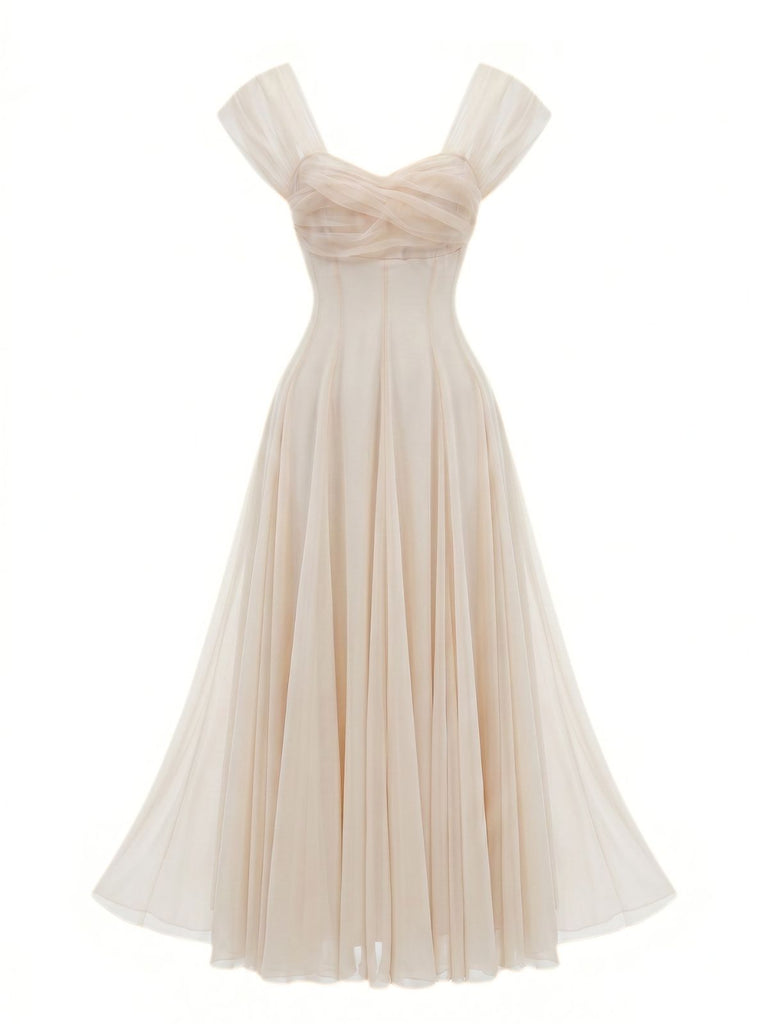 Abito Beige Anni '30 con Scollo a Cuore Maniche Corte in Rete con Stecche