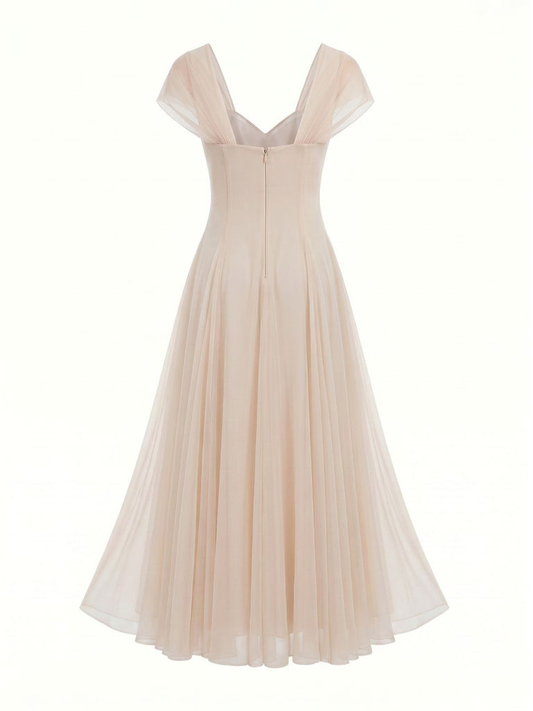 Abito Beige Anni '30 con Scollo a Cuore Maniche Corte in Rete con Stecche