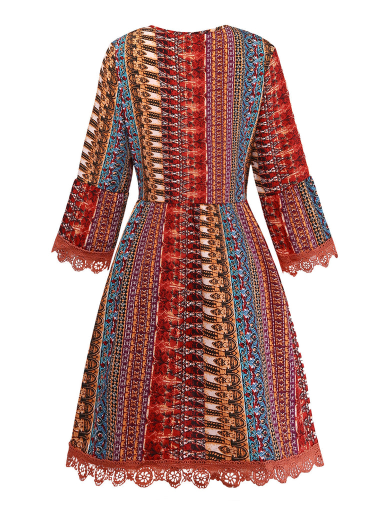 Abito Multicolore Bohémien con Scollo a V a Balze Sleeve Anni '70 2
