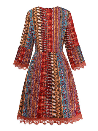 Abito Multicolore Bohémien con Scollo a V a Balze Sleeve Anni '70 2