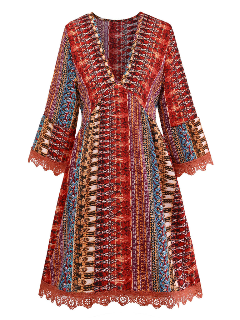 Abito Multicolore Bohémien con Scollo a V a Balze Sleeve Anni '70