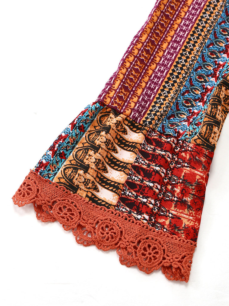 Abito Multicolore Bohémien con Scollo a V a Balze Sleeve Anni '70 3