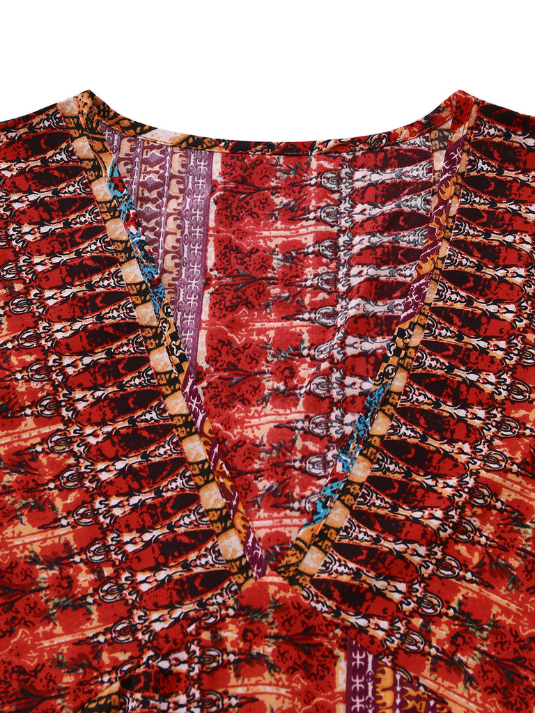 Abito Multicolore Bohémien con Scollo a V a Balze Sleeve Anni '70 5