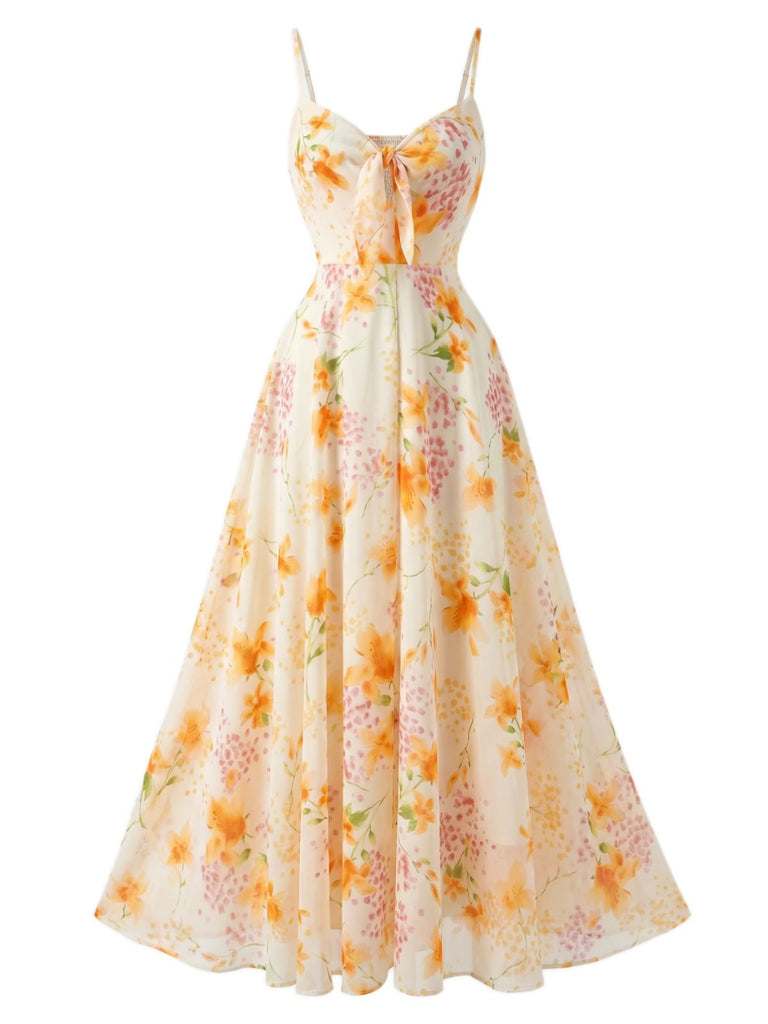Abito giallo anni '30 floreale sottoveste bohémien