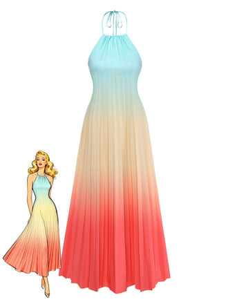 Abito Lungo Multicolore Halter con Sfumatura Plissettata Anni '30